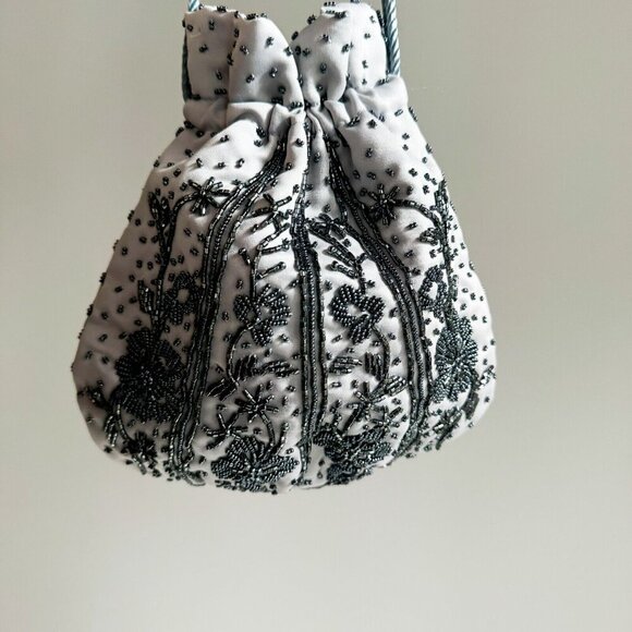 Light Grey Beaded Satin Drawstring Evening Purse - Picture 2 of 11